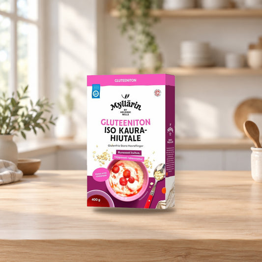 Myllärin Gluten-Free Large Oat Flakes 400g – product photo on a table