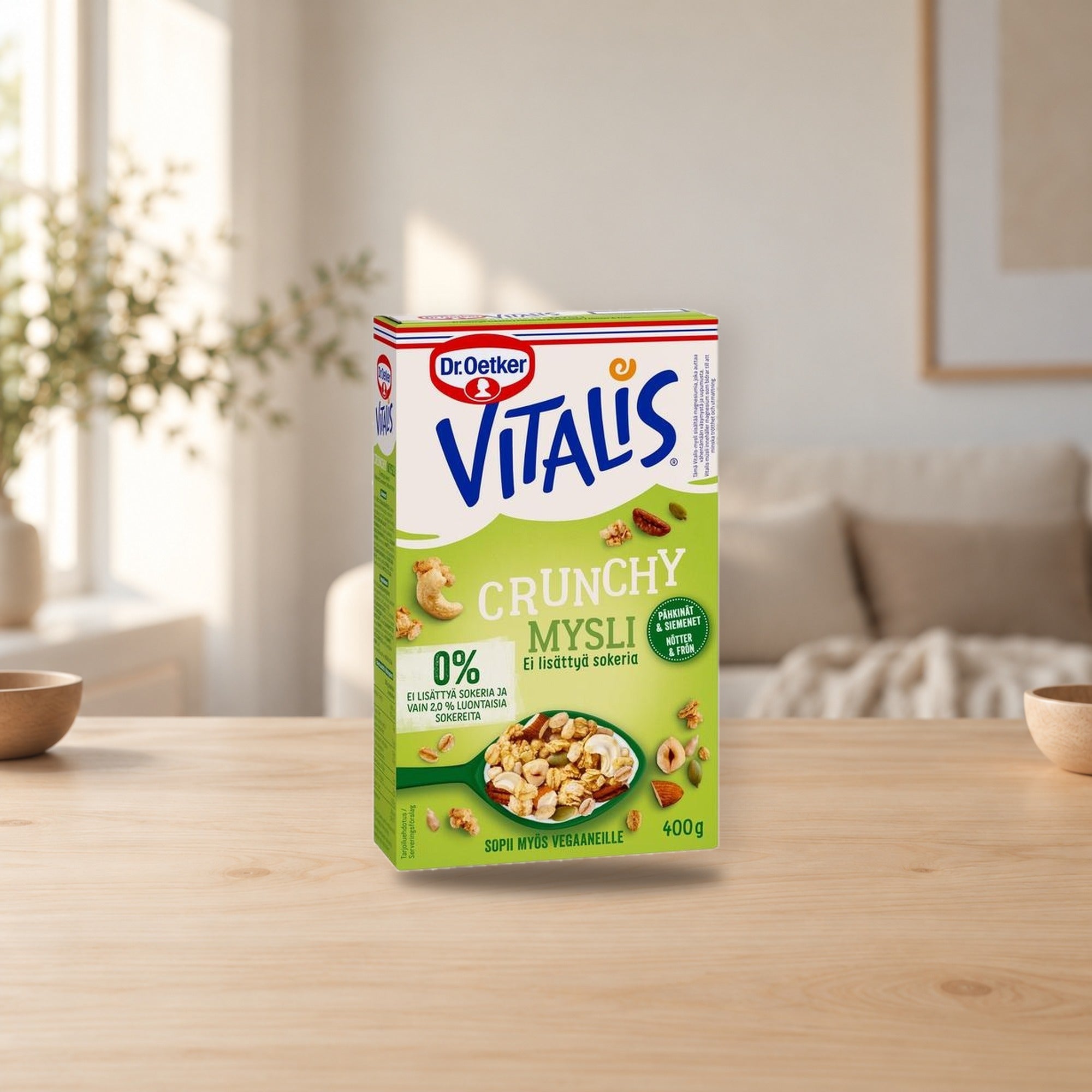 Dr. Oetker Vitalis Crunchy No Added Sugar Muesli 400g – product photo on a table