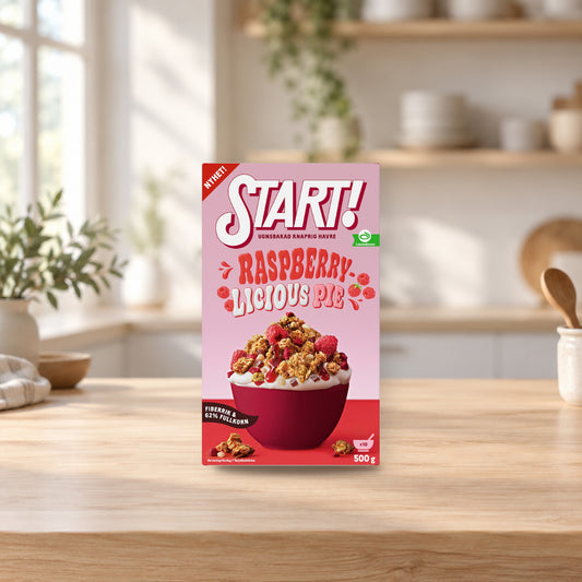 START! Raspberrylicious Pie Granola 500g – product photo on a table