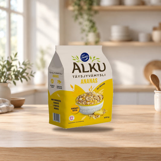 Fazer Alku Pineapple Whole Grain Muesli 600g – product photo on a table
