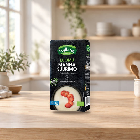 Myllärin Organic Semolina 1kg for Porridge & Baking – product photo on a table