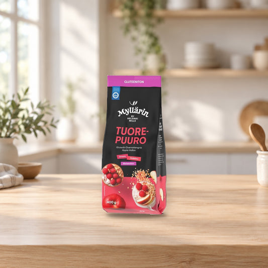 Myllärin Gluten-Free Overnight Porridge Apple-Raspberry 400g – product photo on a table