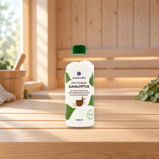 Emendo 500ml sauna fragrance eucalyptus – product photo on a table