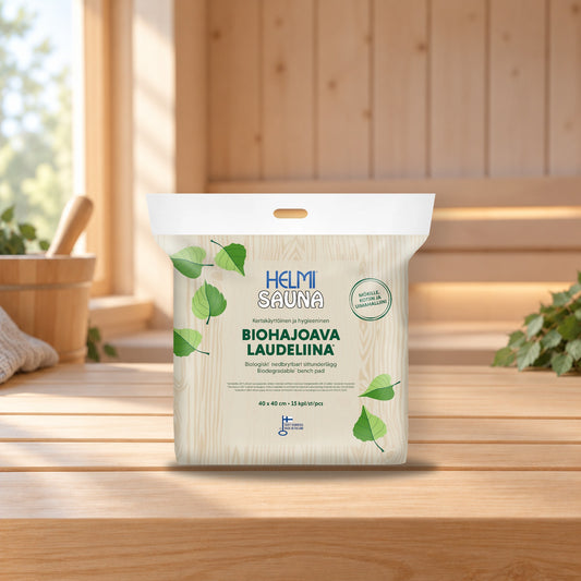 Helmi Sauna biodegradable bench towel 15 pcs – product photo on a table
