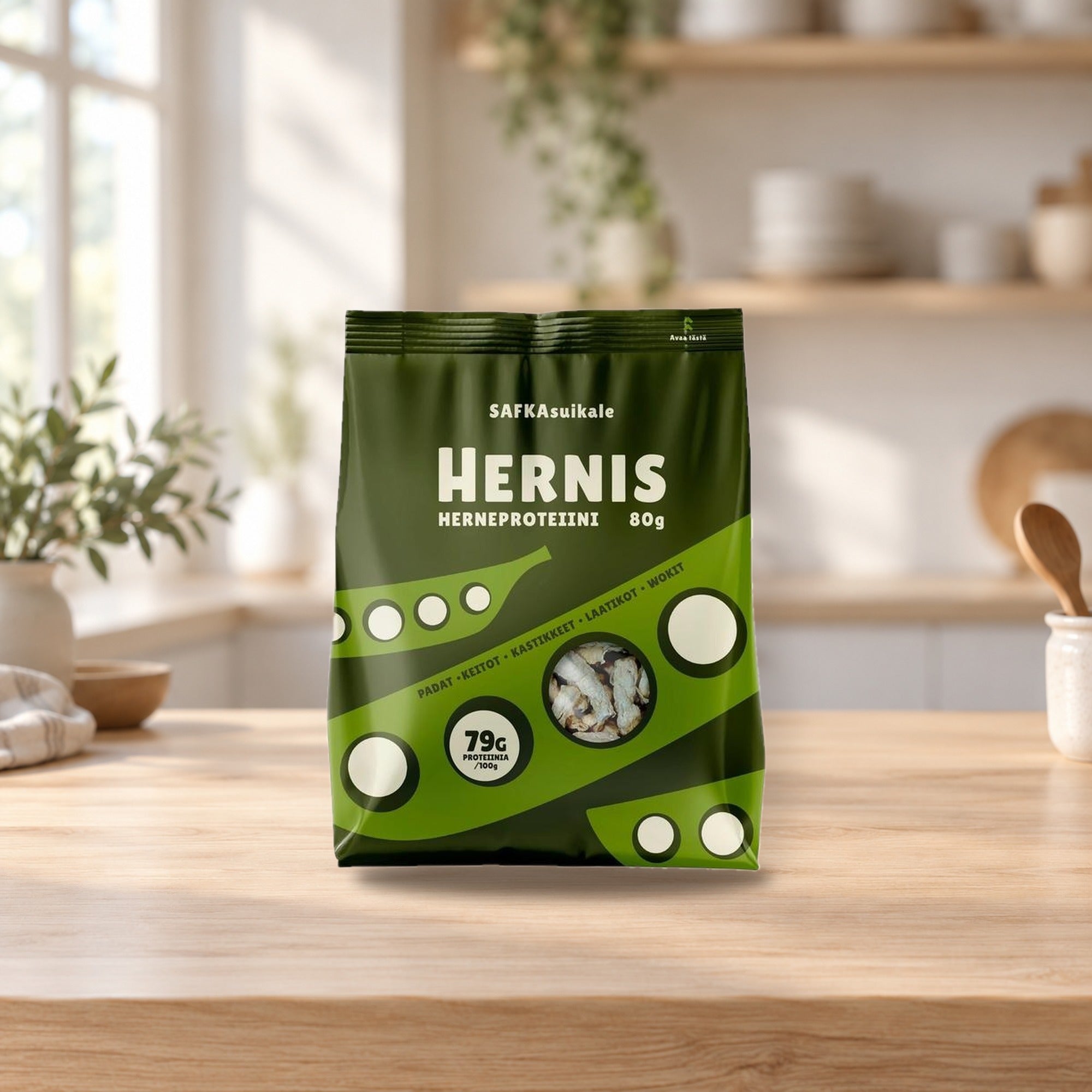 Hernis Pea Protein Strips 80g – product photo on a table