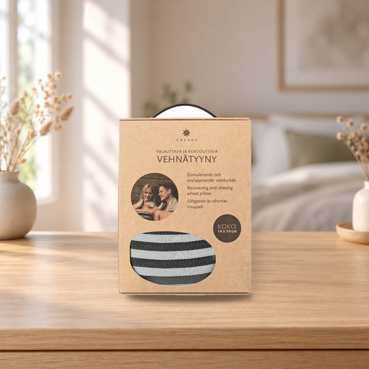 Emendo small wheat pillow black stripe – product photo on a table