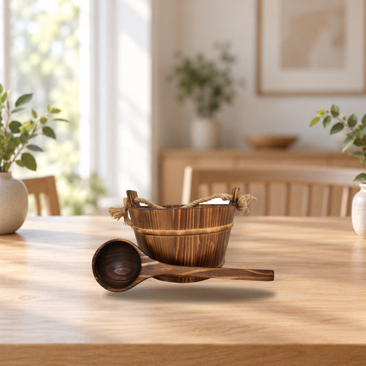 Emendo burnt rope bucket and ladle – product photo on a table