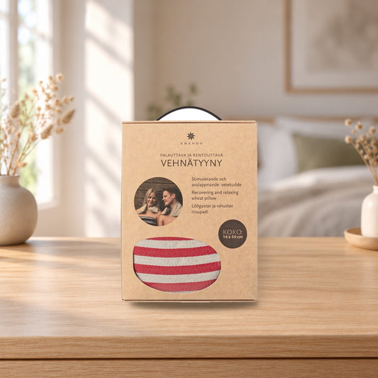 Emendo small wheat pillow red stripe – product photo on a table