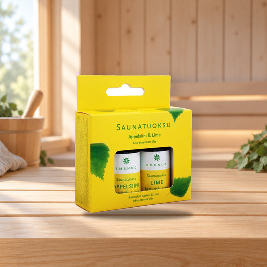 Emendo 2x10ml sauna fragrances orange and lime – product photo on a table
