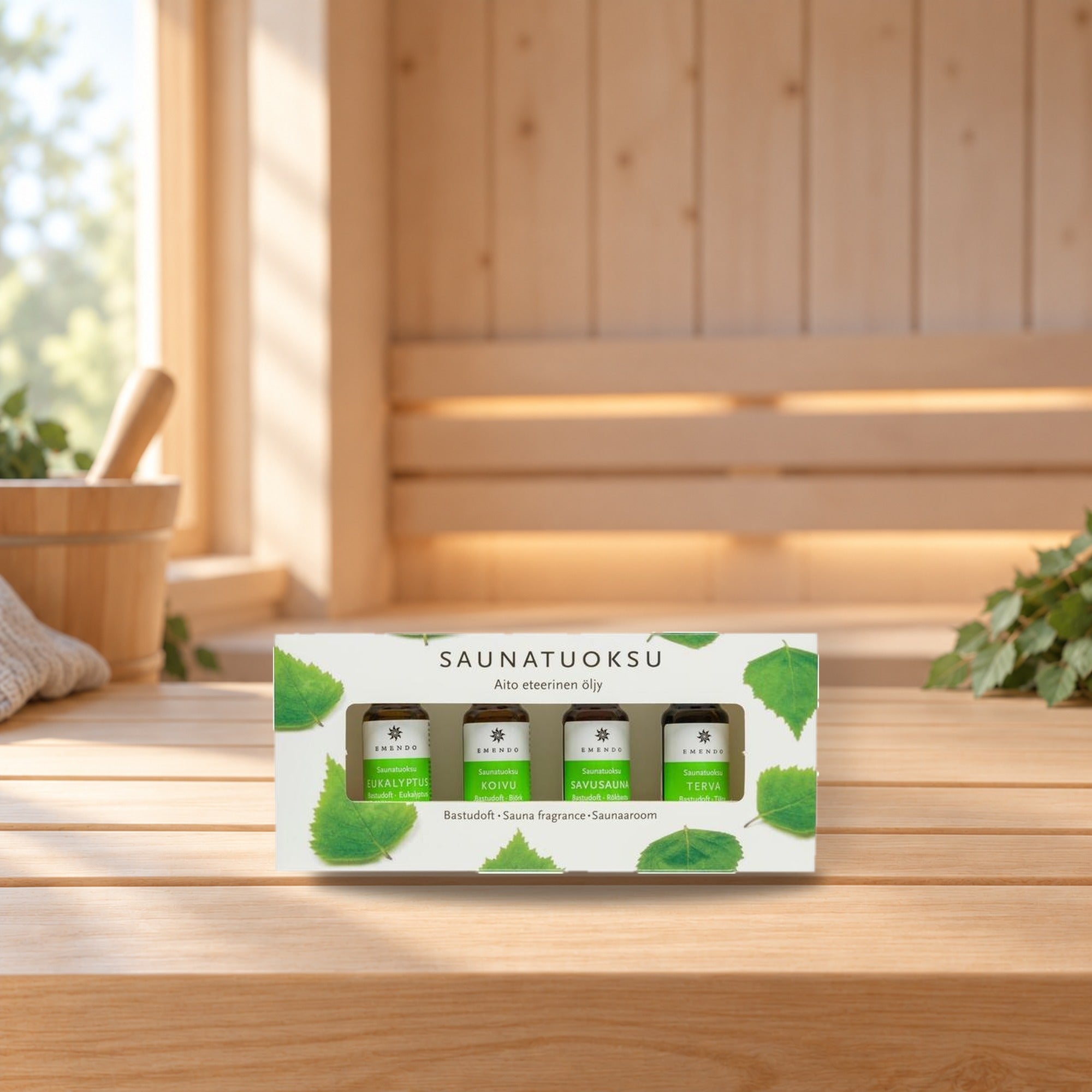 Emendo Sauna Fragrances 4x10ml with Wooden Stand – product photo on a table