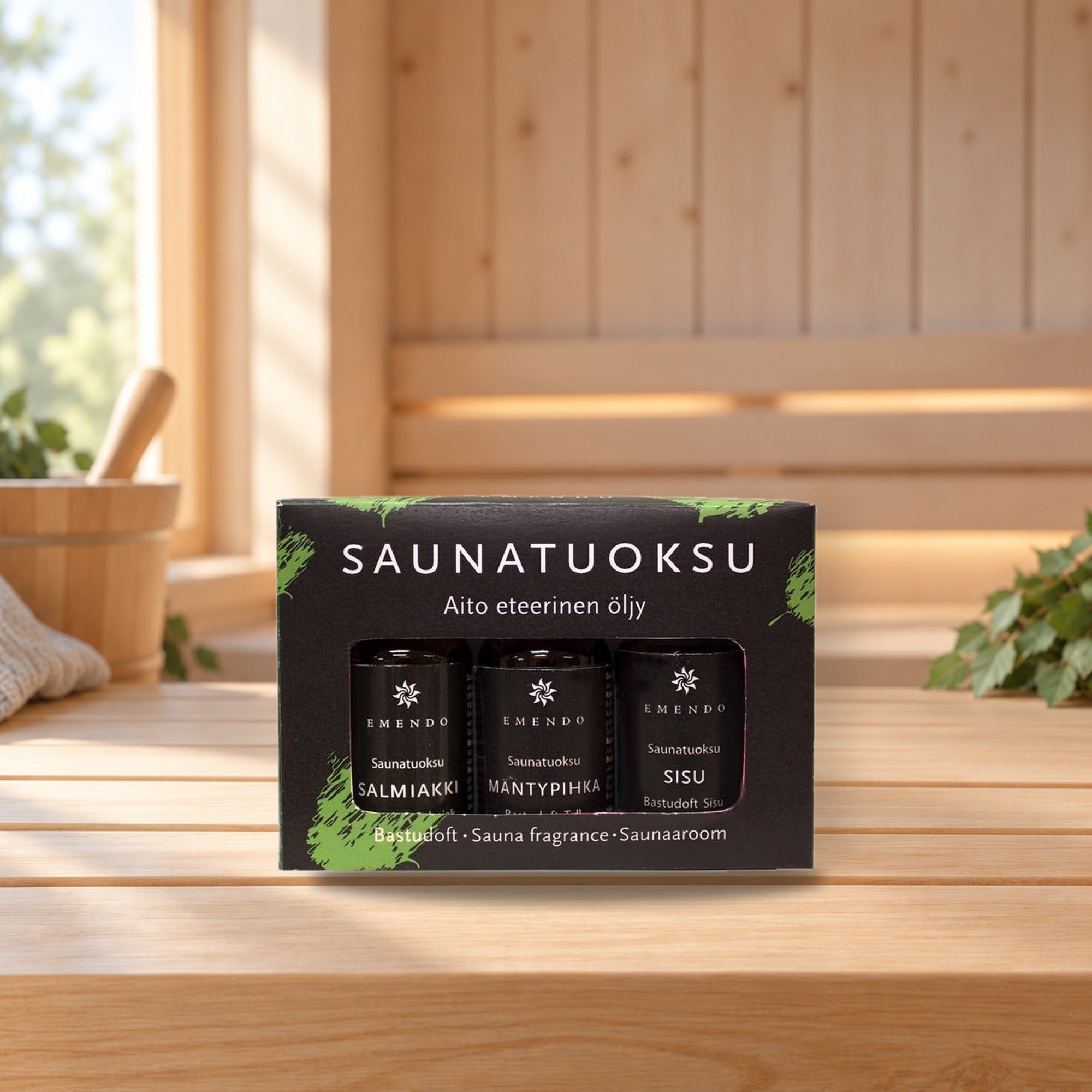 Emendo Sauna Fragrance Black 3x10ml – product photo on a table