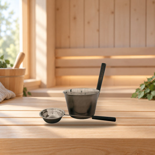 Emendo Dark Gray Steel Sauna Bucket and Ladle Set – product photo on a table