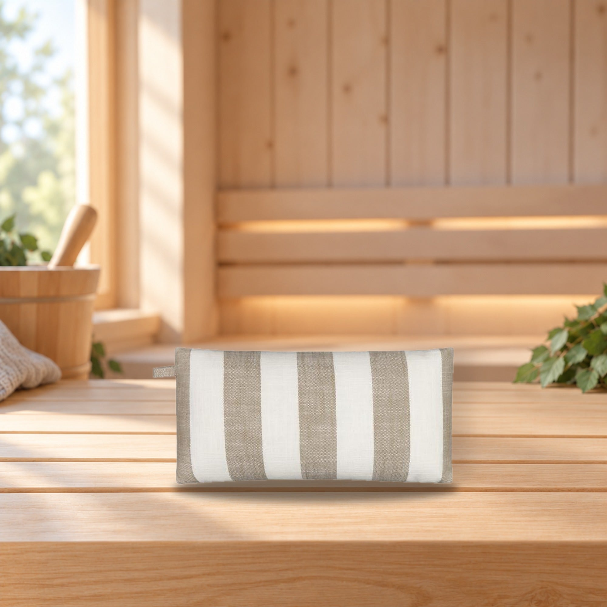 House Sauna Pillow Stripe Beige – product photo on a table
