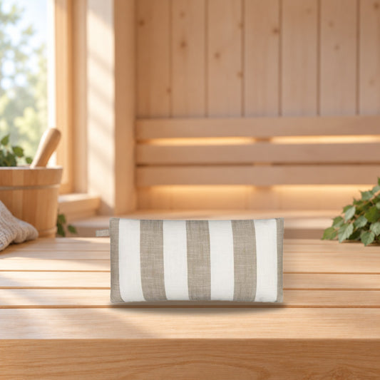 House Sauna Pillow Stripe Beige – product photo on a table