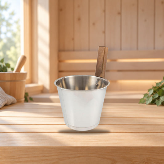 House Sauna Bucket Steel 5L with Pine Handle – product photo on a table