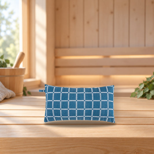 House Sauna Pillow Checkered Blue – product photo on a table