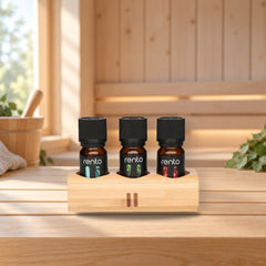 Rento Sauna Fragrances 3 x 10 ml with Bamboo Stand – product photo on a table