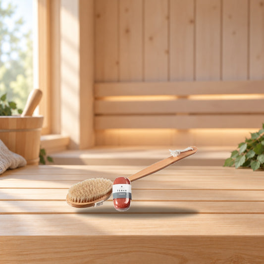 Emendo Tar Soap 100g & Sauna Brush – product photo on a table
