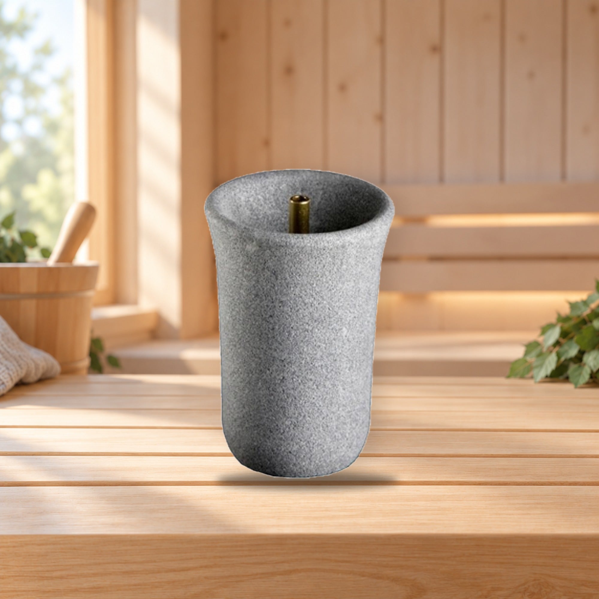 Hukka Soapstone Sisukas Fountain for Sauna Stove – product photo on a table