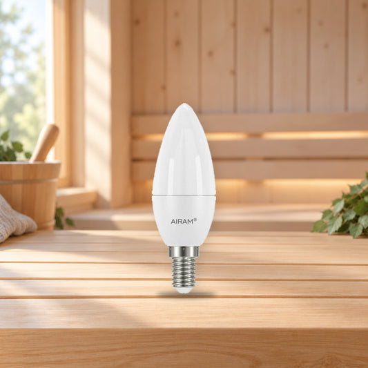 Airam Sauna LED Candle 4.7W E14 470lm 2800K Opal Lamp – product photo on a table