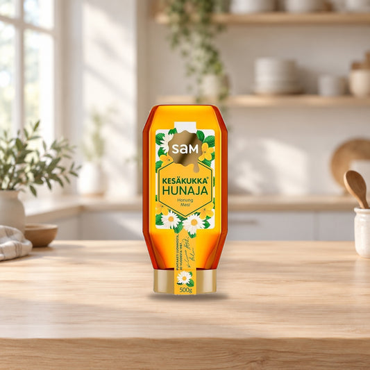 Hunajainen SAM Summer Flower Honey 500g – product photo on a table
