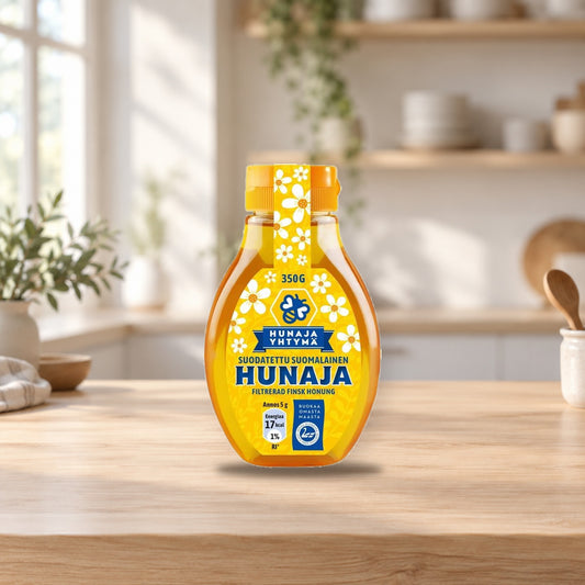Filtered Finnish Honey 350g – product photo on a table