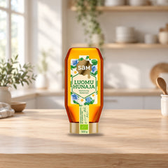 Hunajainen SAM Organic Honey 500g – product photo on a table