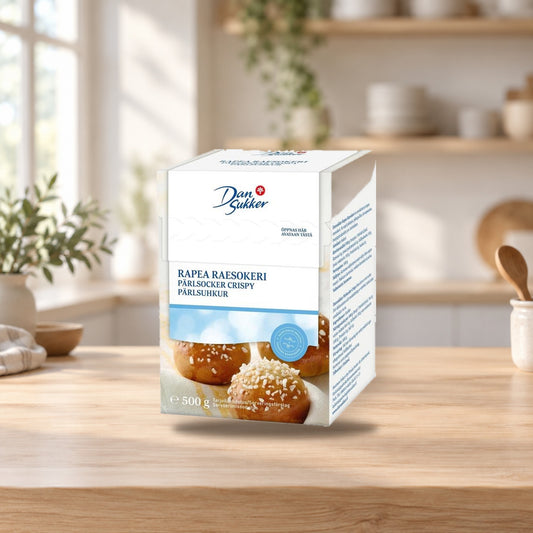 Dansukker Crunchy Pearl Sugar 500g – product photo on a table
