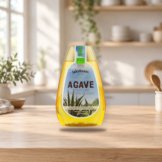 Jakobsens Organic Light Agave Syrup 350g – product photo on a table