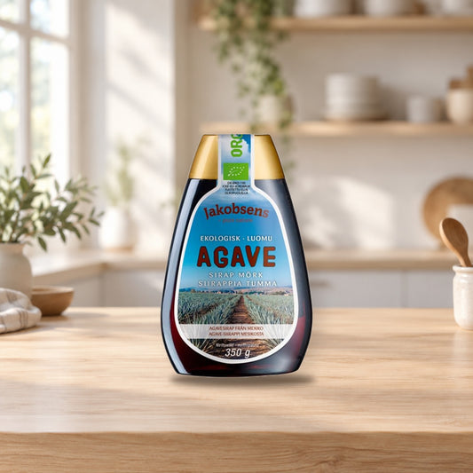 Jakobsens Organic Dark Agave Syrup 350g – product photo on a table