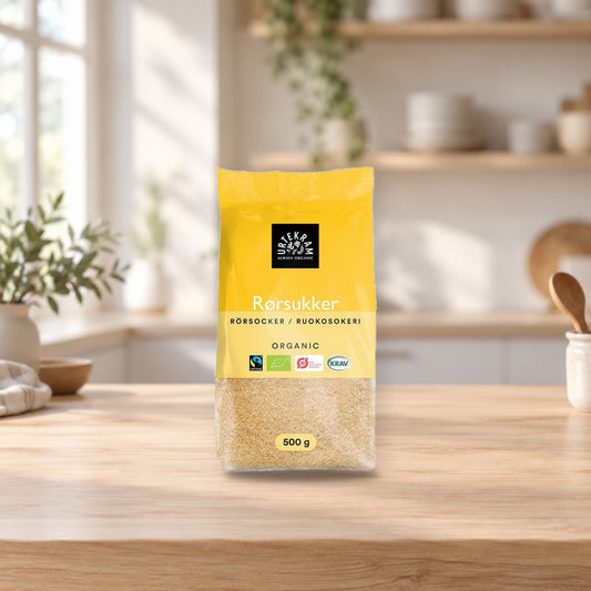 URTEKRAM Organic Fair Trade Cane Sugar 500g – product photo on a table