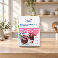 Dansukker Jam-Marmalade Sugar 1+3 330g for Perfect Preserves – product photo on a table