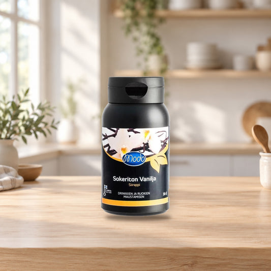 Modo Sugar-Free Vanilla Syrup 30cl – product photo on a table