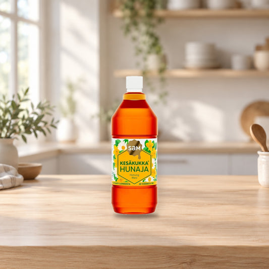 Hunajainen SAM Summer Flower Honey 1.5kg – product photo on a table