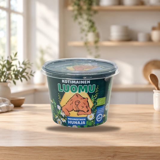 Mesimestarin Soft Finnish Organic Honey 350g – product photo on a table