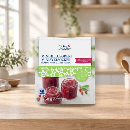 Dansukker Mini Jam Sugar 250g for Quick Berry Jam – product photo on a table