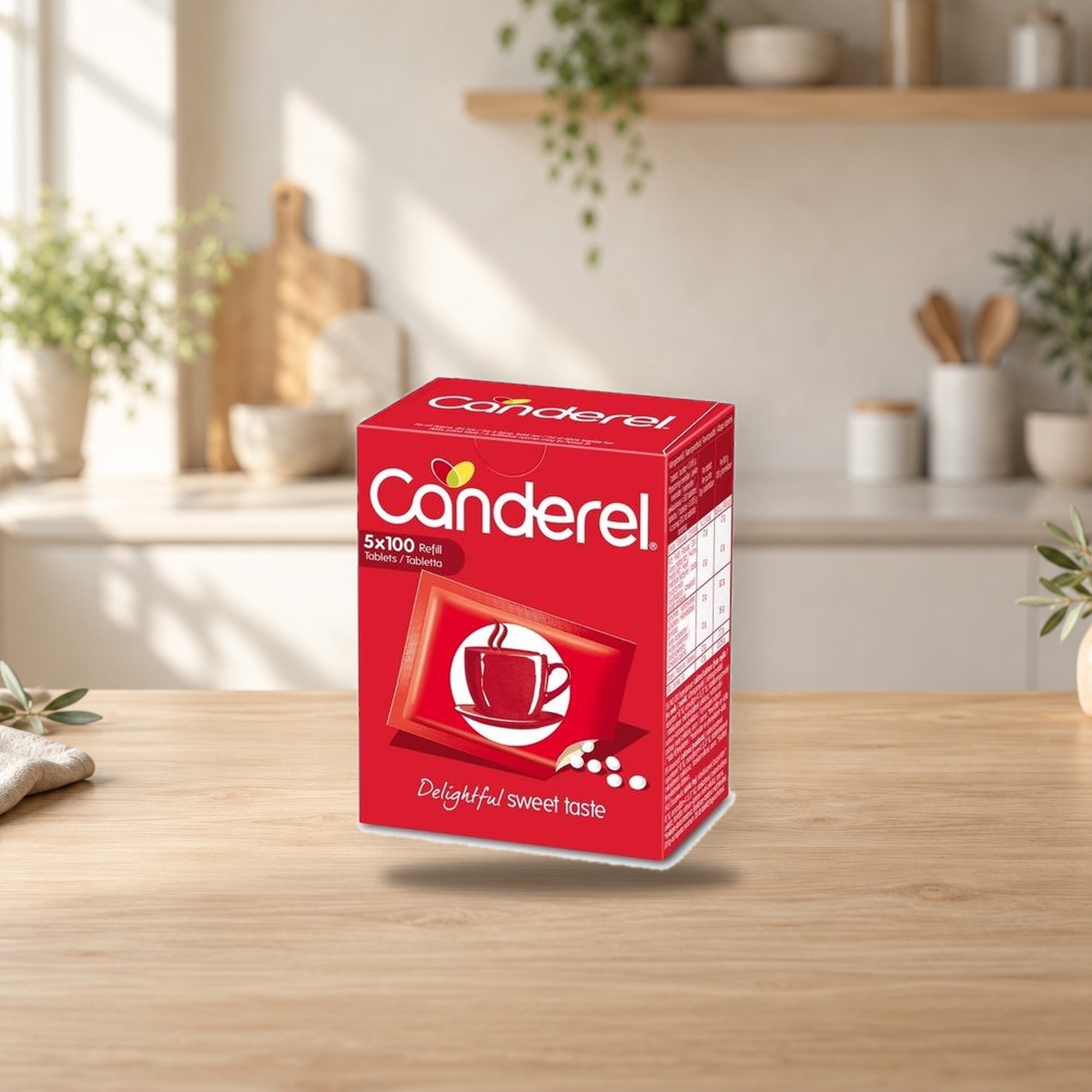 Canderel Sweetener Tablets Refill Pack 500 pcs (42.5g) – product photo on a table