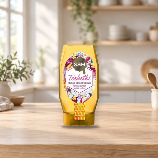 Hunajainen SAM Tea Time Honey 350g – product photo on a table