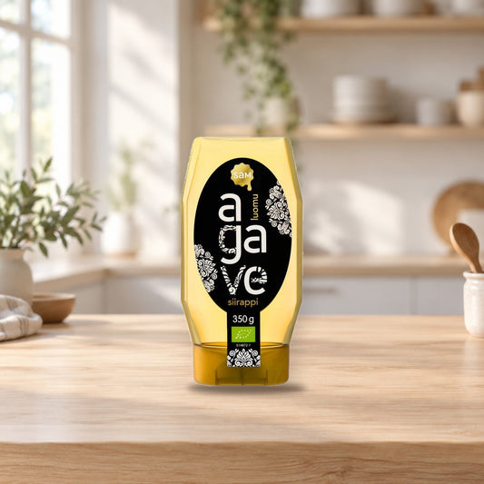 Hunajainen SAM Organic Agave Syrup 350g – product photo on a table