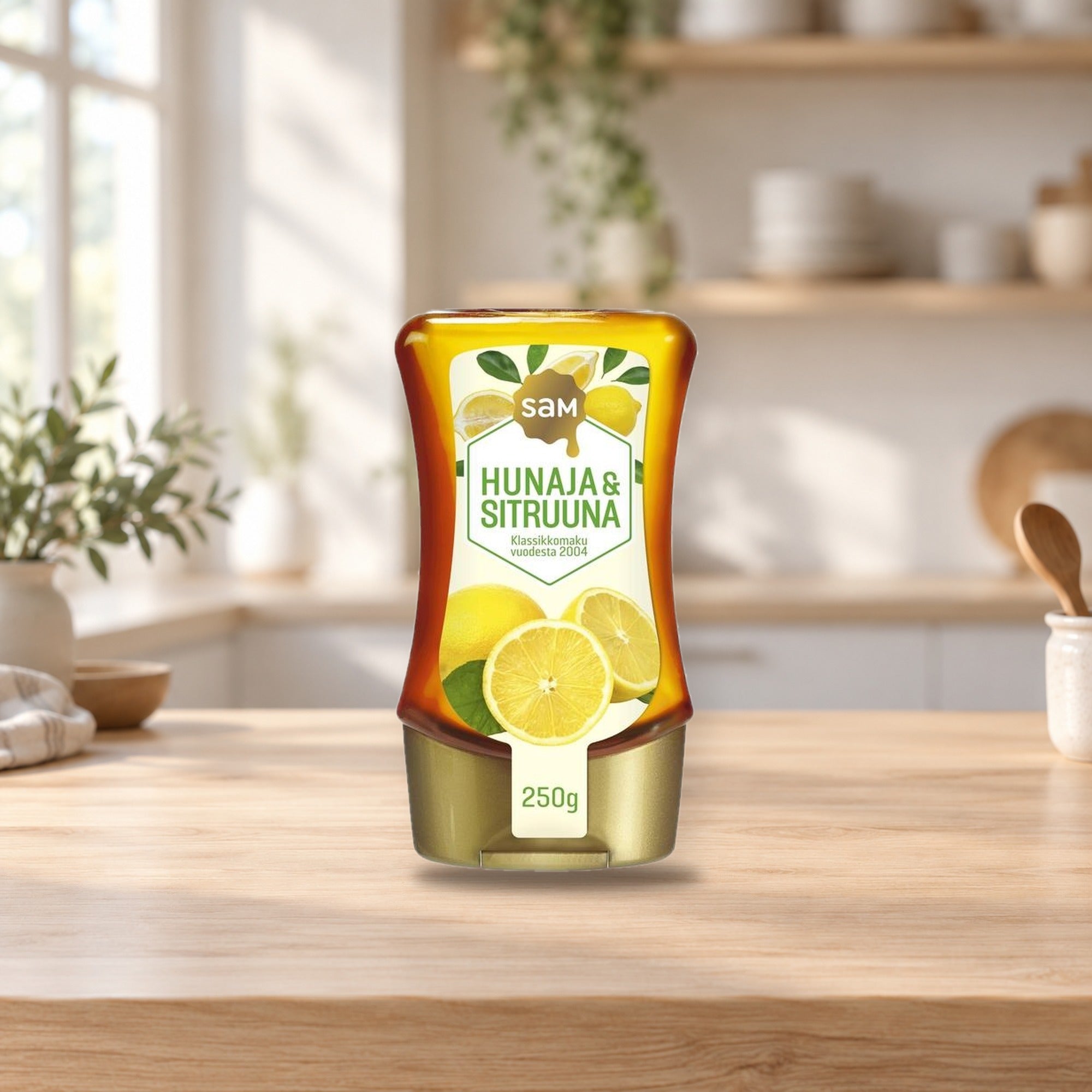 Hunajainen SAM LEMON Honey & Lemon 250g – product photo on a table