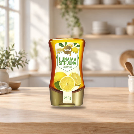 Hunajainen SAM LEMON Honey & Lemon 250g – product photo on a table