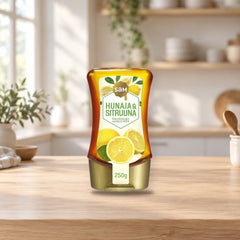 Hunajainen SAM LEMON Honey & Lemon 250g – product photo on a table