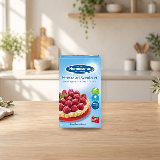 Hermesetas Sweetener Powder 90g – product photo on a table