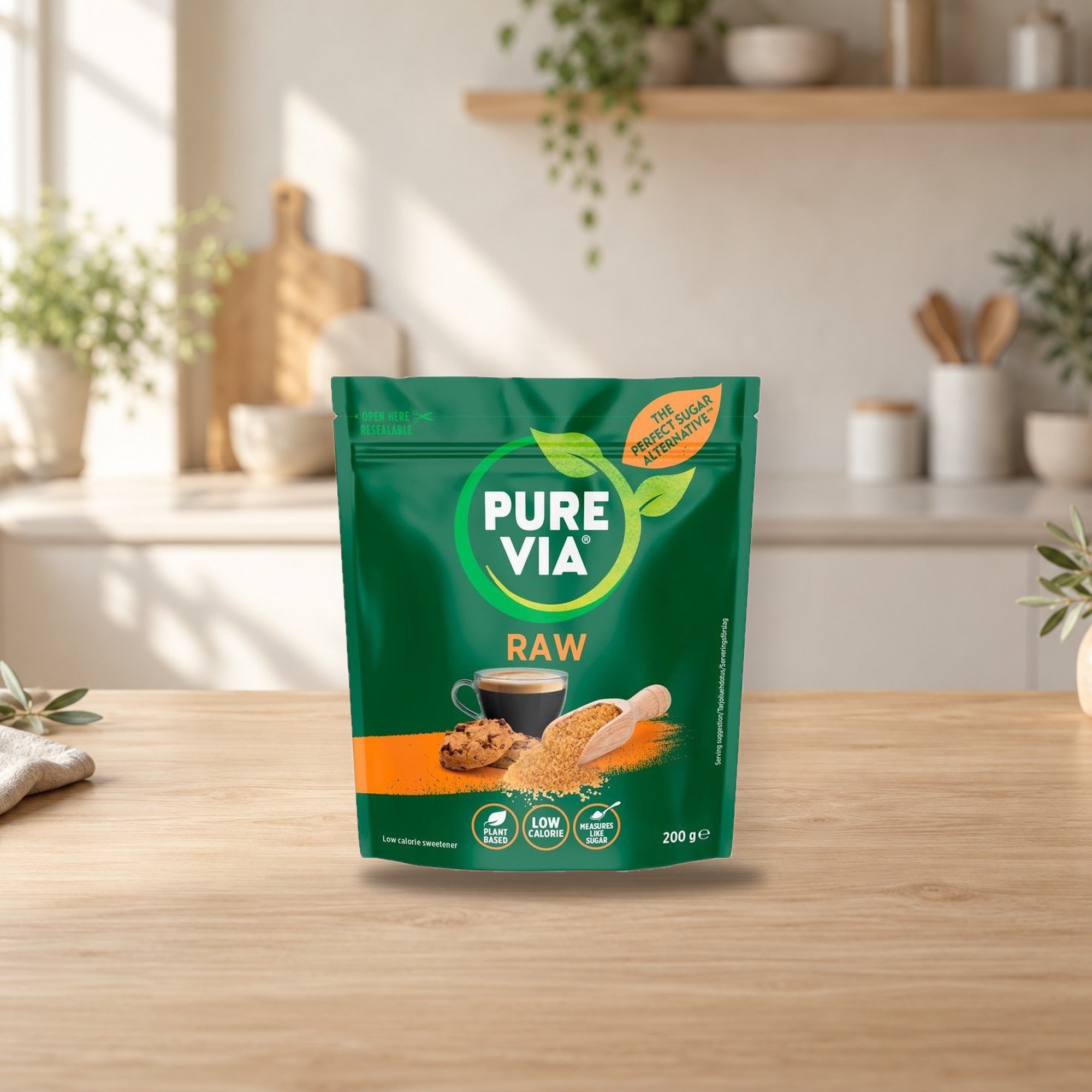 Pure Via Raw 200g – product photo on a table