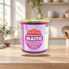 Dovgan Lactose-Free Sweetened Condensed Milk 370g – product photo on a table