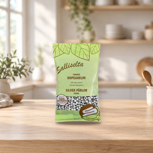 Sallinen Soft Silver Pearls 80g – product photo on a table