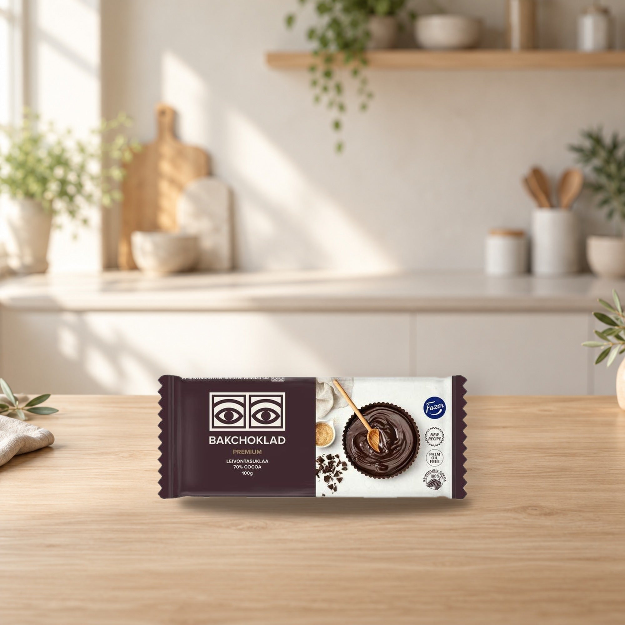 Fazer Ögon 70% Dark Baking Chocolate – product photo on a table