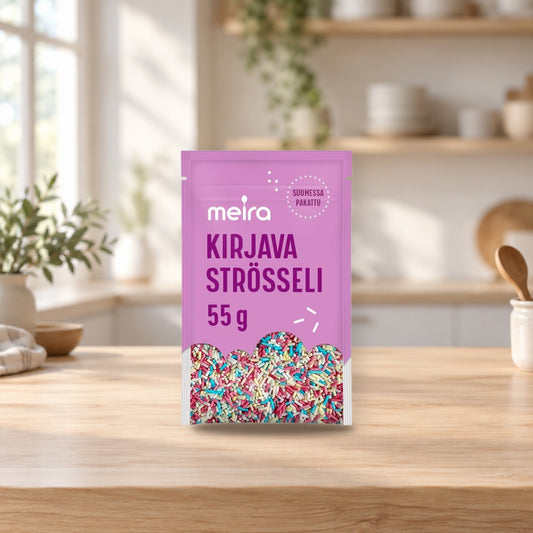 Meira Multicolored Sprinkles 55g for Baking and Decorating – product photo on a table