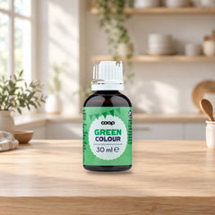 Coop Green Food Coloring 30ml – product photo on a table