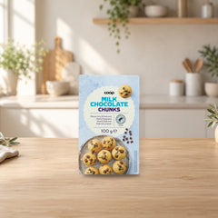 Coop Milk Chocolate Crumbs for Baking 100g – product photo on a table